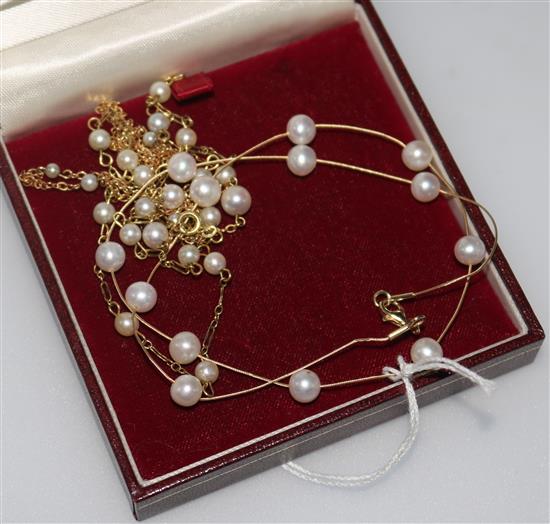 One 14ct gold and cultured pearl necklace and two 9ct gold and cultured pearl necklaces.